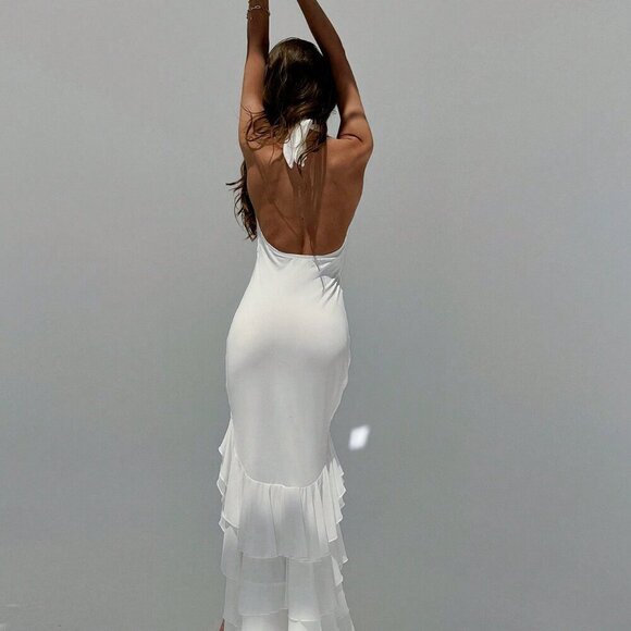 White Elegant Women's Deep V-Neck Halter Backless 3D Floral Ruffle Hem Dress - Picture 2 of 8